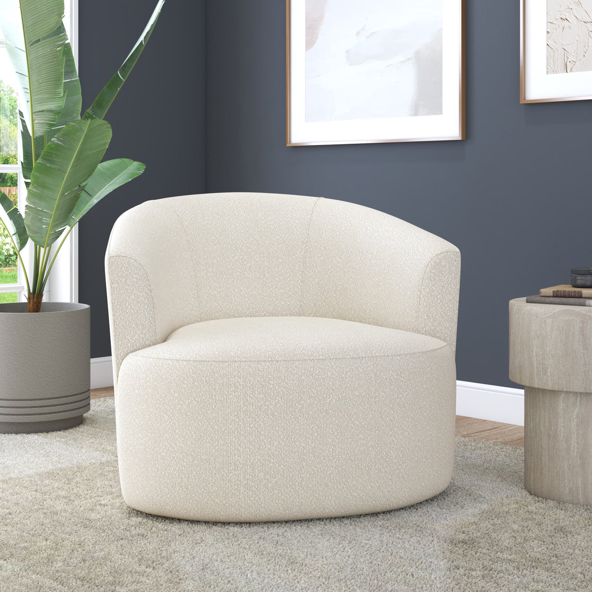 Cream Bouclé Swivel Barrel Chair
