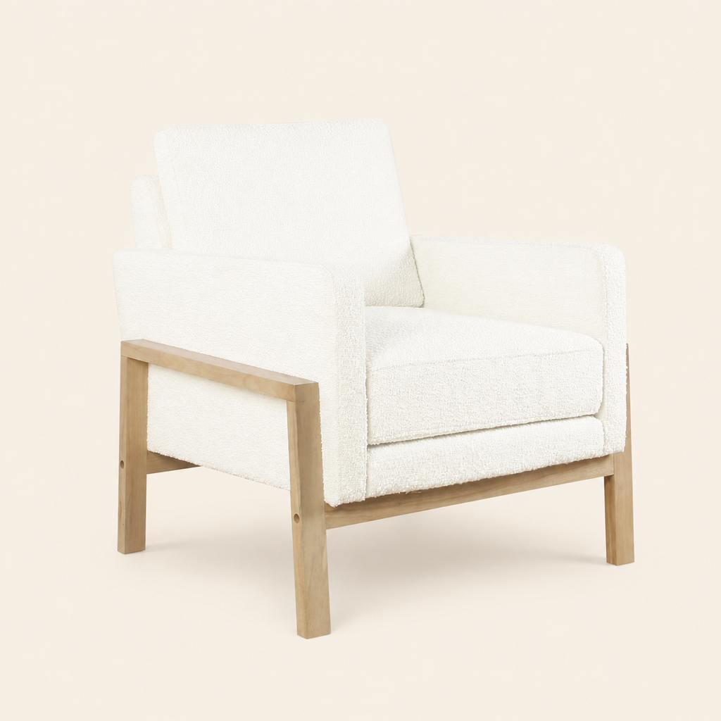 Cream Bouclé Accent Chair with Natural Wood Frame
