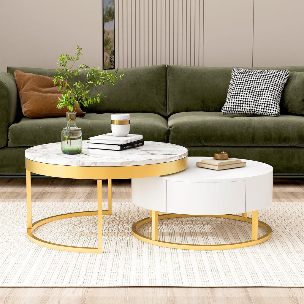 White & Gold Nesting Coffee Tables with Drawers, Set of 2