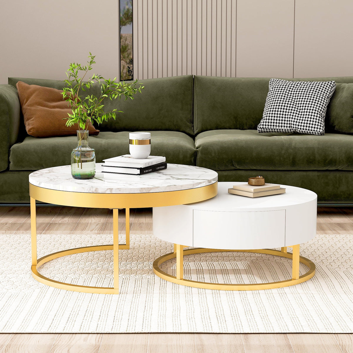 White & Gold Nesting Coffee Tables with Drawers, Set of 2