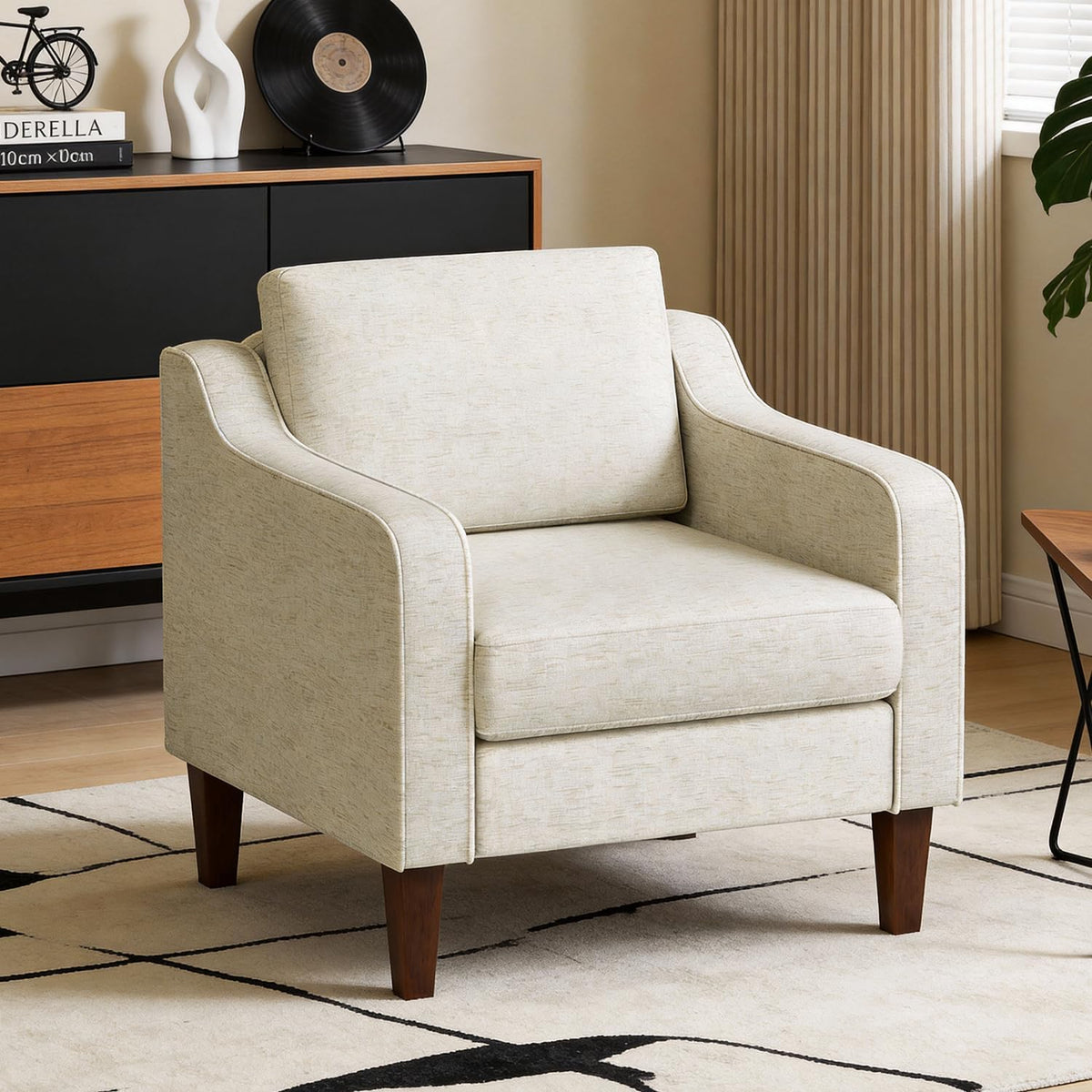 Beige Upholstered Accent Chair with Wood Legs