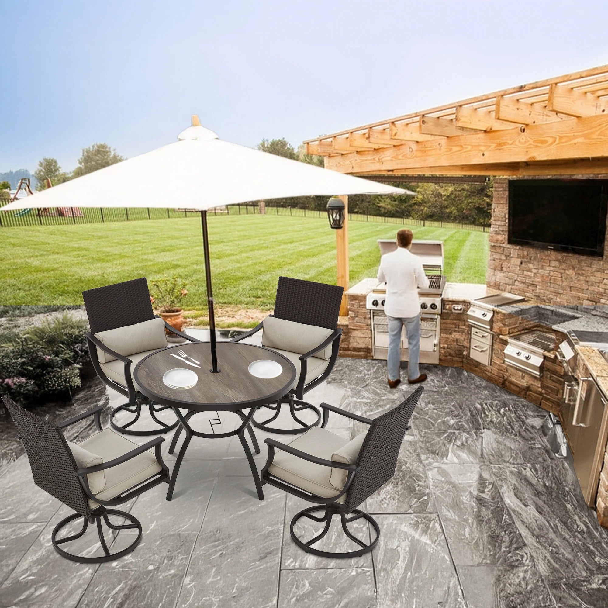 Outdoor Patio Dining Set with Swivel Chairs, Dining Table with Umbrella Hole, Metal Patio Furniture for Backyard Deck Patio