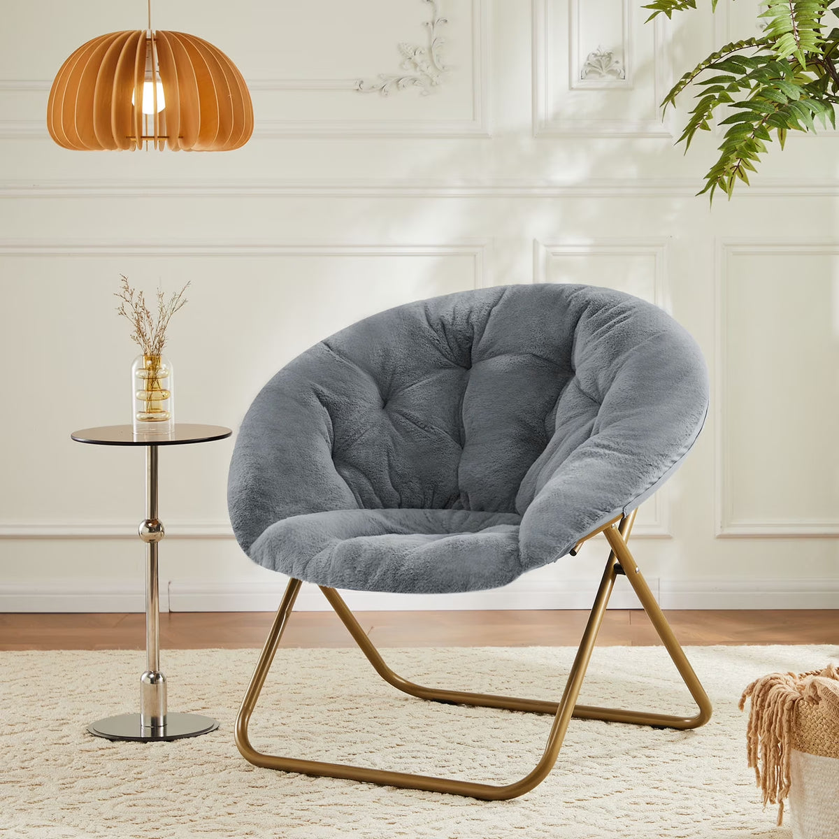Gray Faux Fur Foldable Saucer Chair for Adults