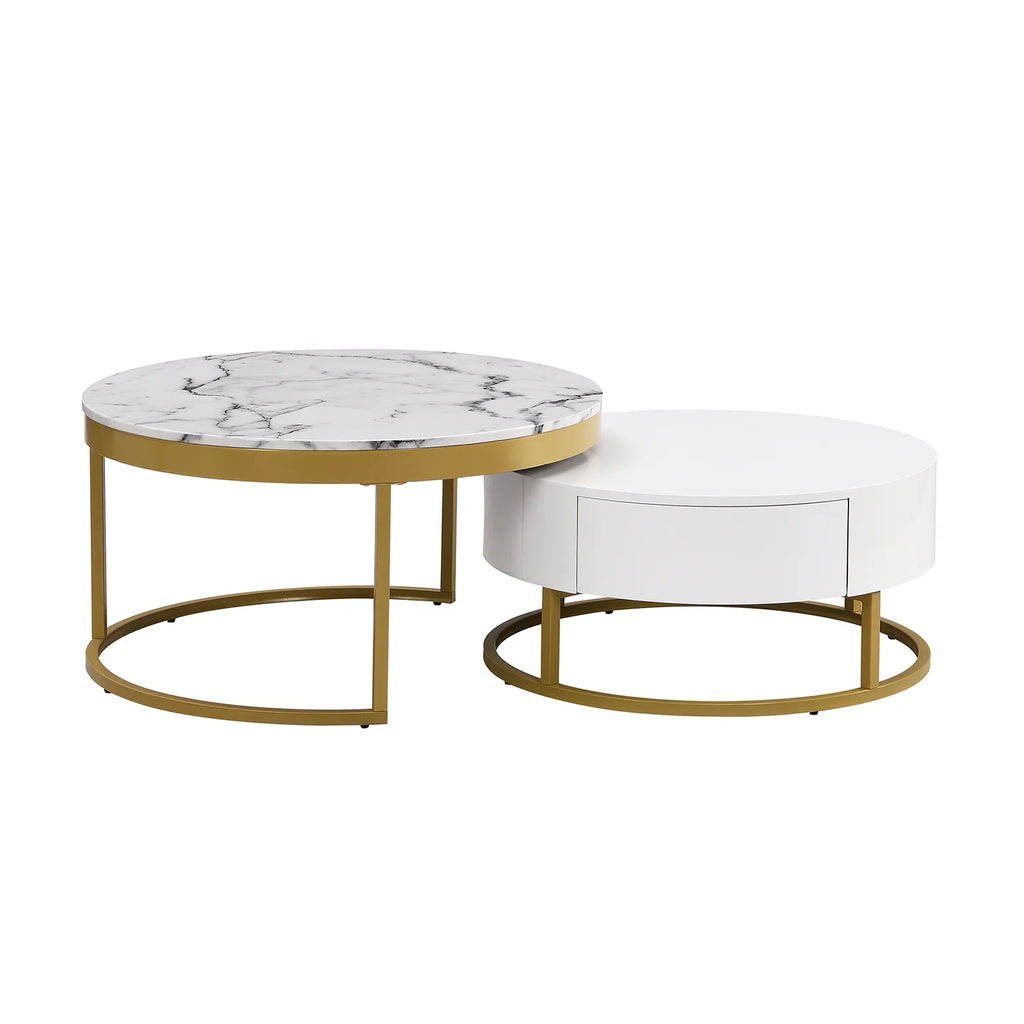 White & Gold Nesting Coffee Tables with Drawers, Set of 2