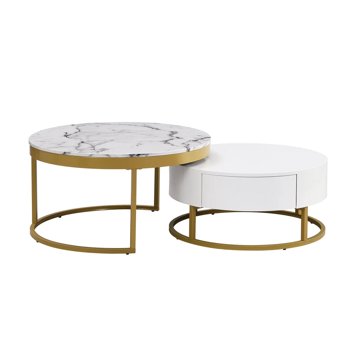 White & Gold Nesting Coffee Tables with Drawers, Set of 2