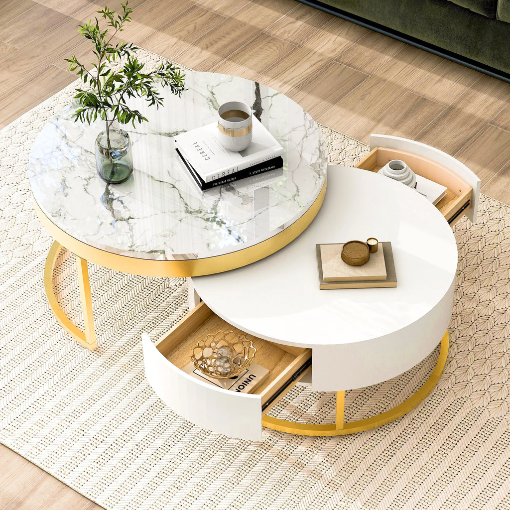 White & Gold Nesting Coffee Tables with Drawers, Set of 2