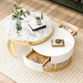White & Gold Nesting Coffee Tables with Drawers, Set of 2
