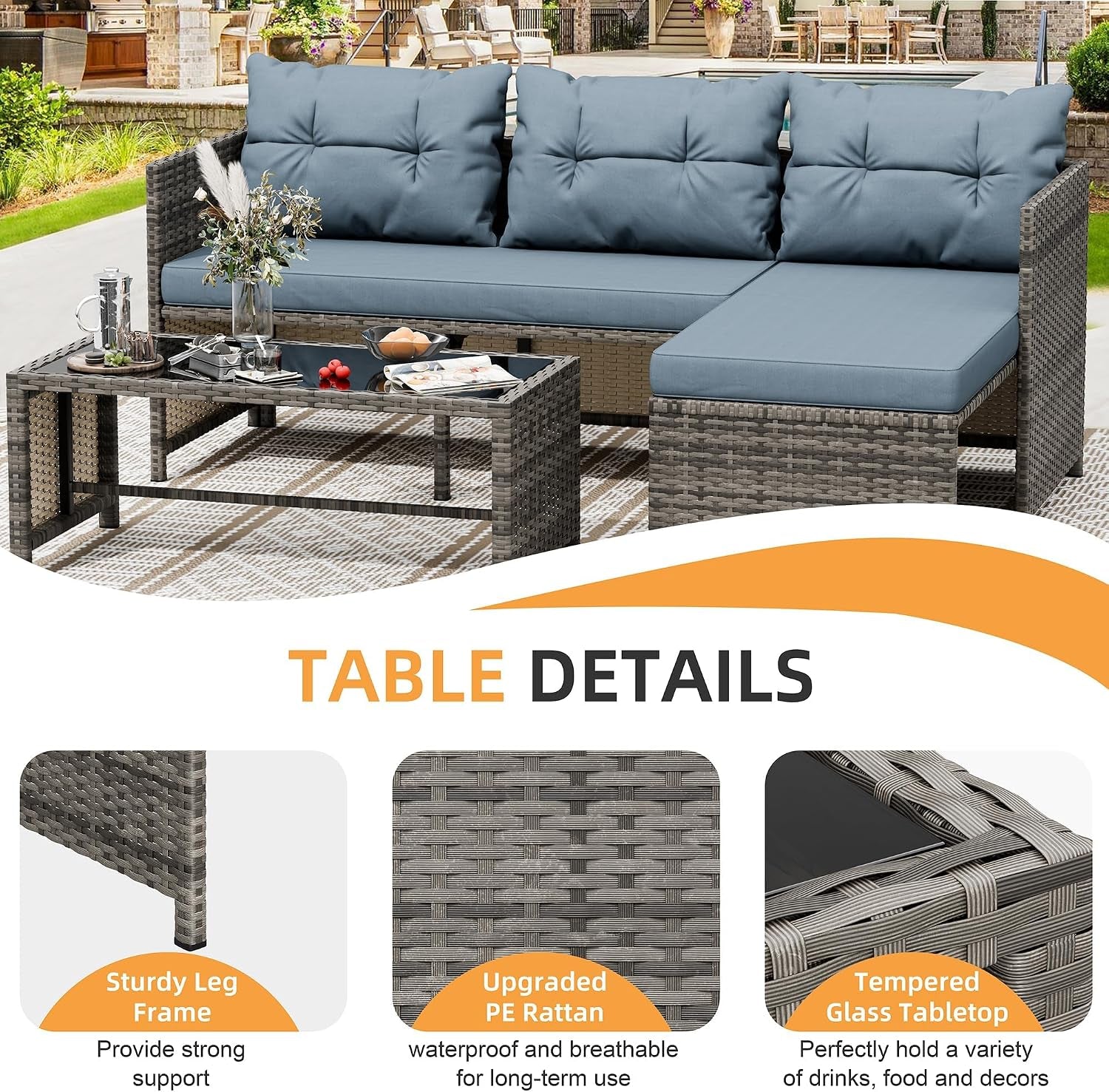 3 Pieces Outdoor Patio Furniture Sets, Wicker Patio Conversation Sets, All Weather Wicker Rattan Patio Seating Sofas with Glass Coffee Table and Cushion, Blue-Gray