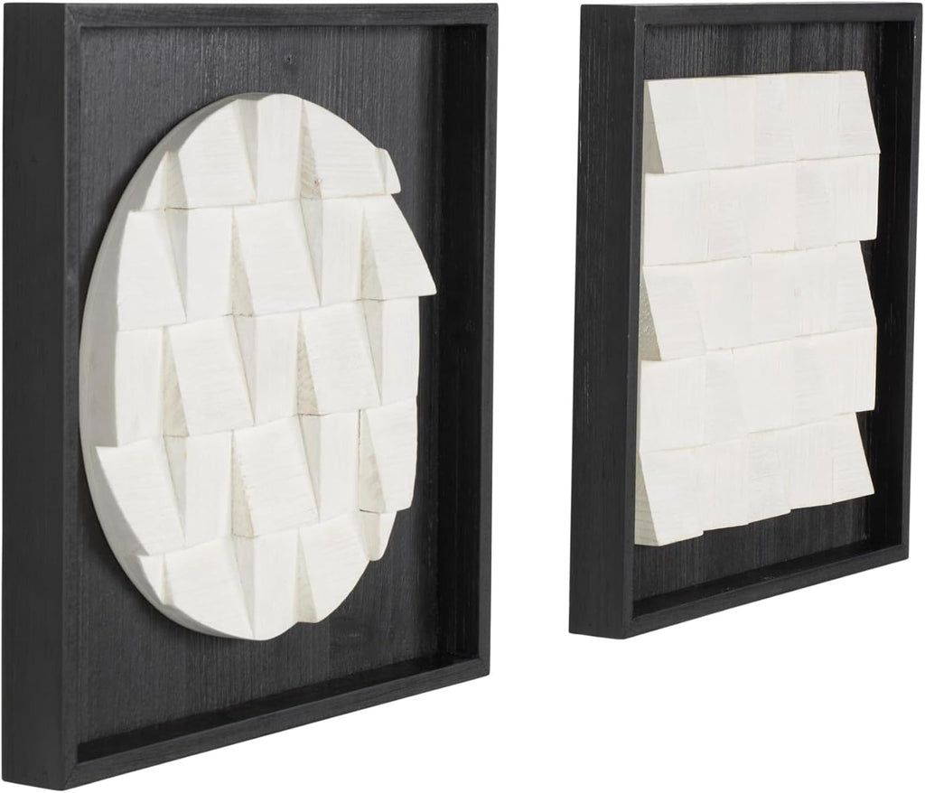 Deco 79 Wood Geometric Home Wall Decor 3D Cube Grid Wall Sculpture with Black Frames, Set of 2 Wall Art 16" W, 16" H, White