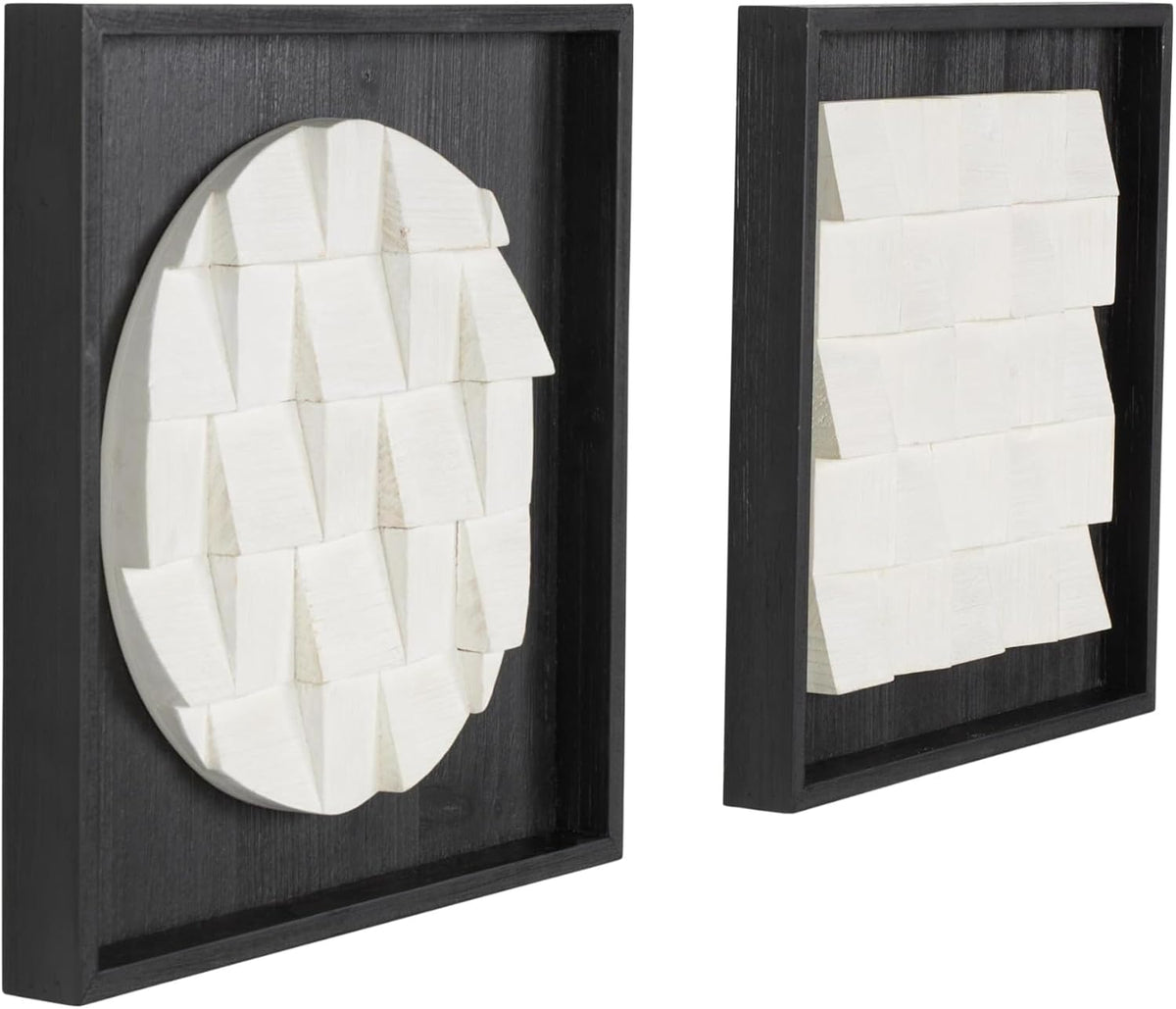 Deco 79 Wood Geometric Home Wall Decor 3D Cube Grid Wall Sculpture with Black Frames, Set of 2 Wall Art 16" W, 16" H, White