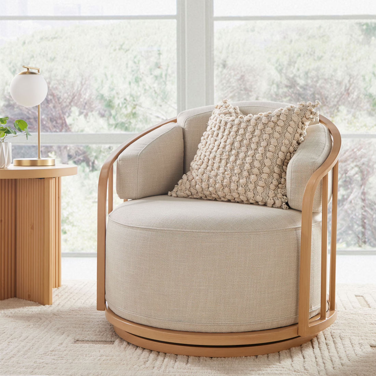 Cream Linen-Look Swivel Birdcage Accent Chair