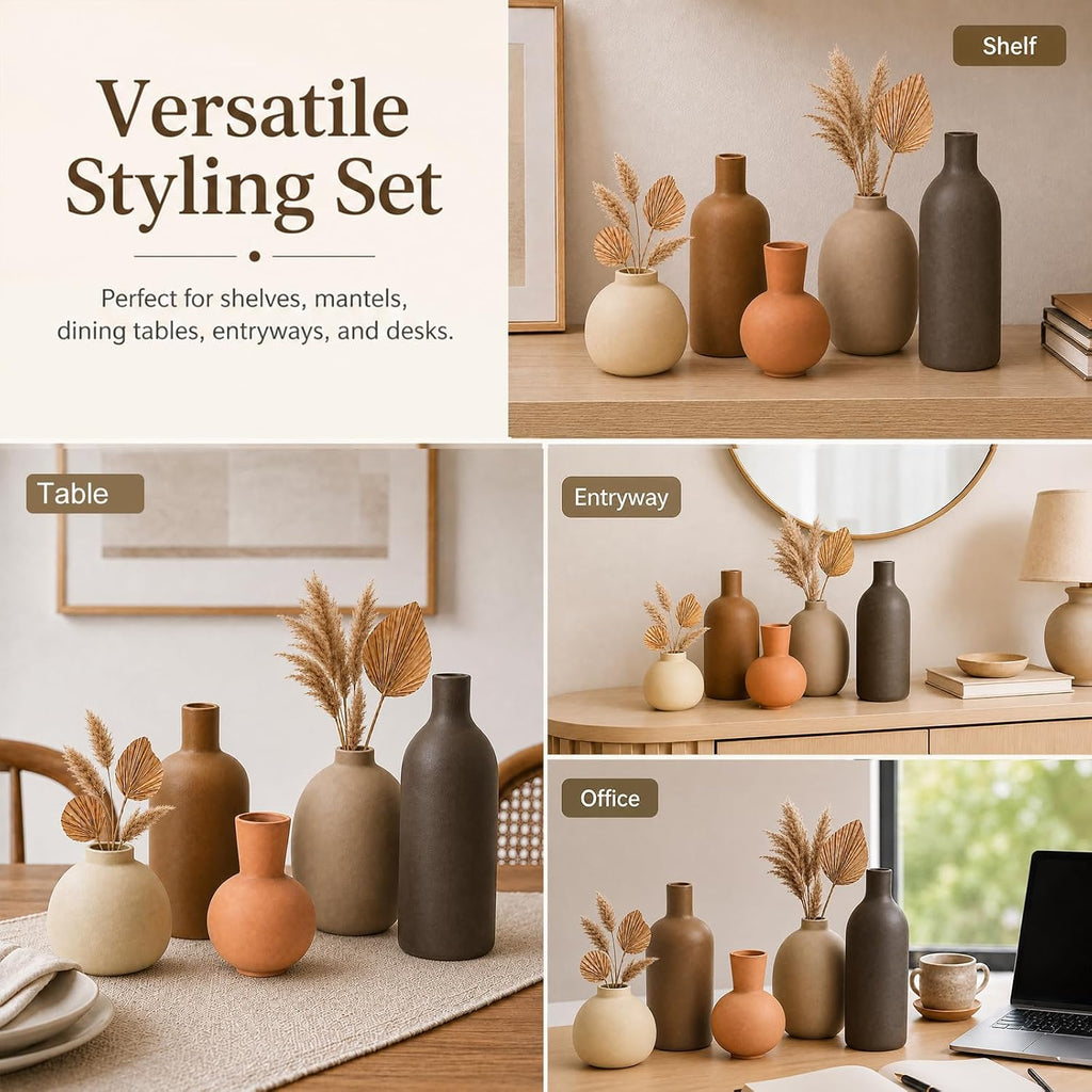 Neutral Ceramic Vase Set – 5 Matte Earth-Tone Vases for Japandi, Scandinavian, or Minimalist Home Decor, Table, Entryway, Shelf & Mantel Styling