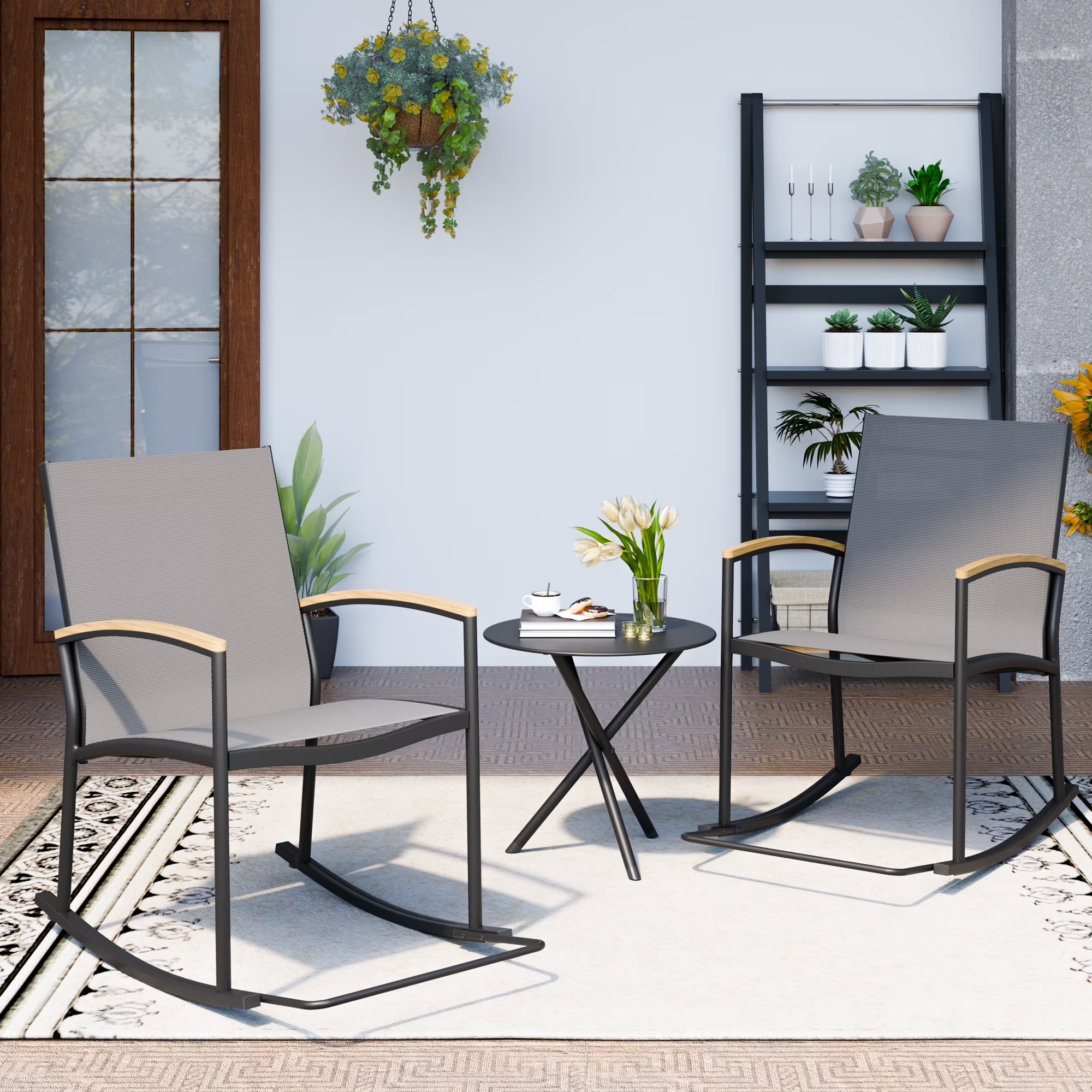 Outdoor Rocking Bistro Set 3 Piece Metal Patio Porch Furniture with 2 Patio Rocking Chairs 1 Patio Table,Light Gray