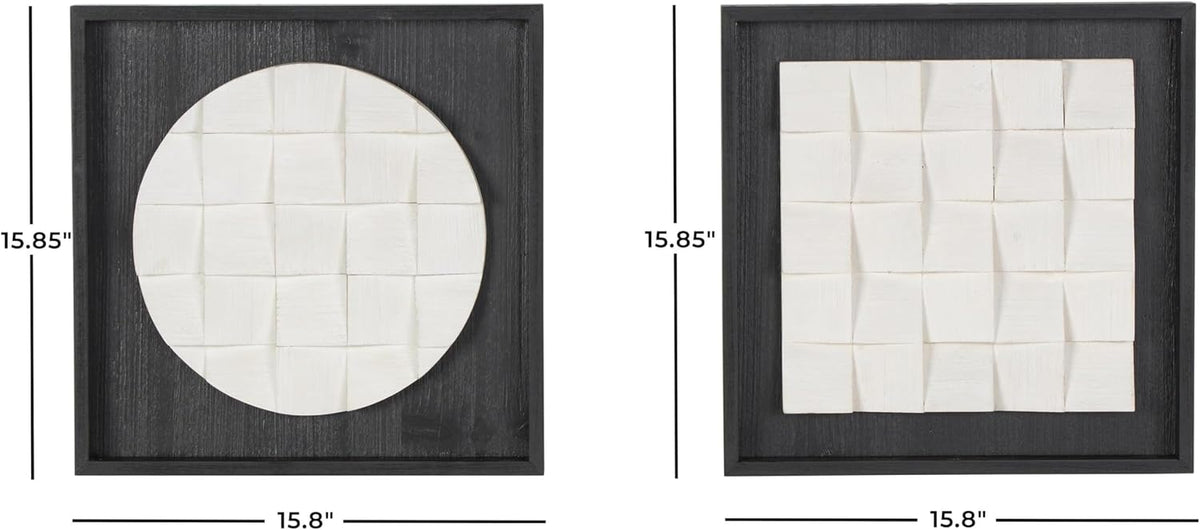 Deco 79 Wood Geometric Home Wall Decor 3D Cube Grid Wall Sculpture with Black Frames, Set of 2 Wall Art 16" W, 16" H, White