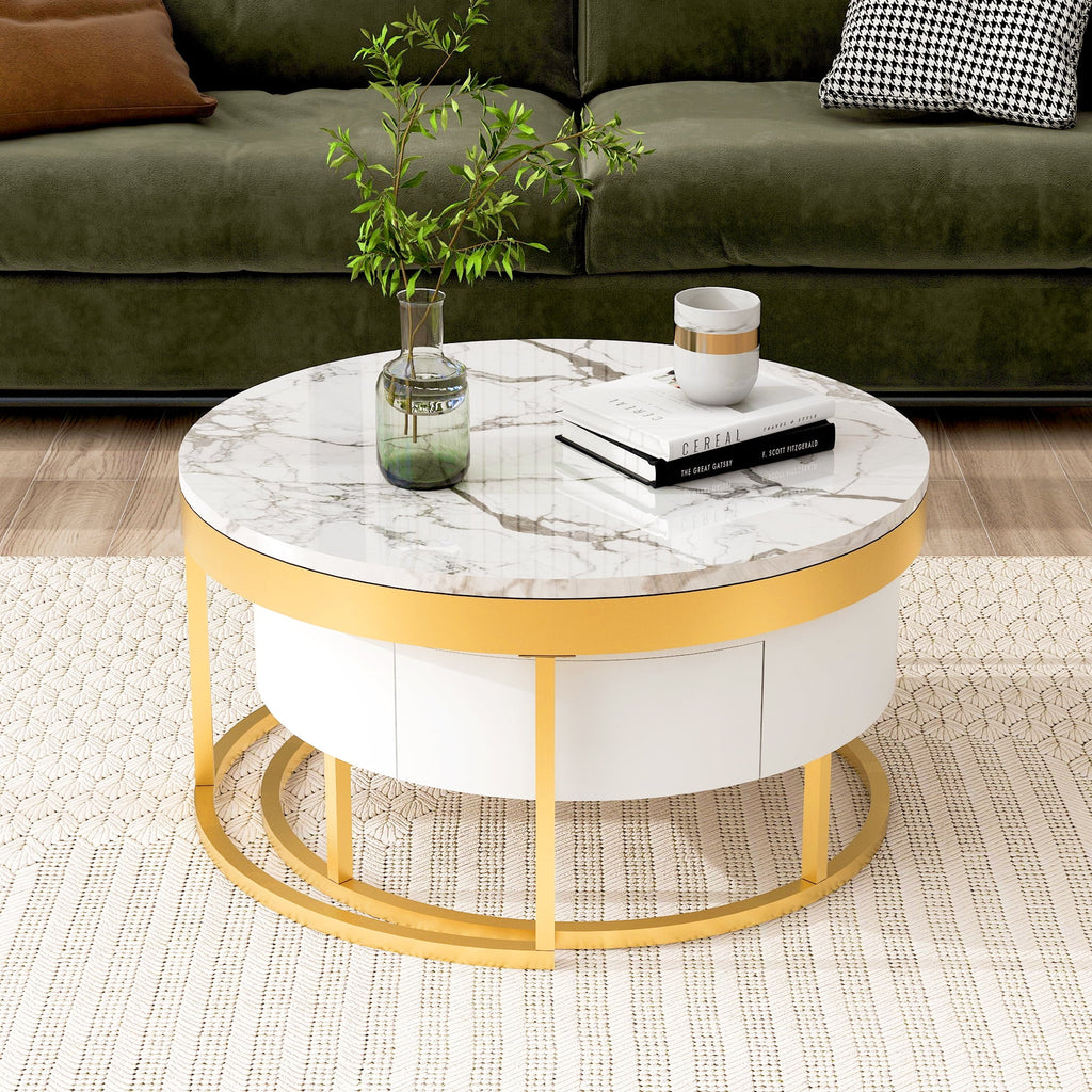 White & Gold Nesting Coffee Tables with Drawers, Set of 2