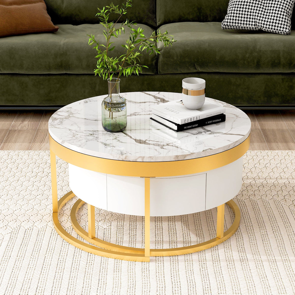 White & Gold Nesting Coffee Tables with Drawers, Set of 2