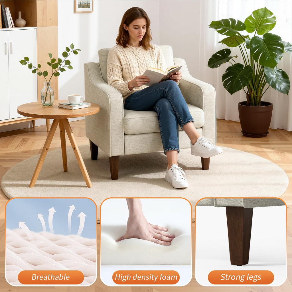 Beige Upholstered Accent Chair with Wood Legs
