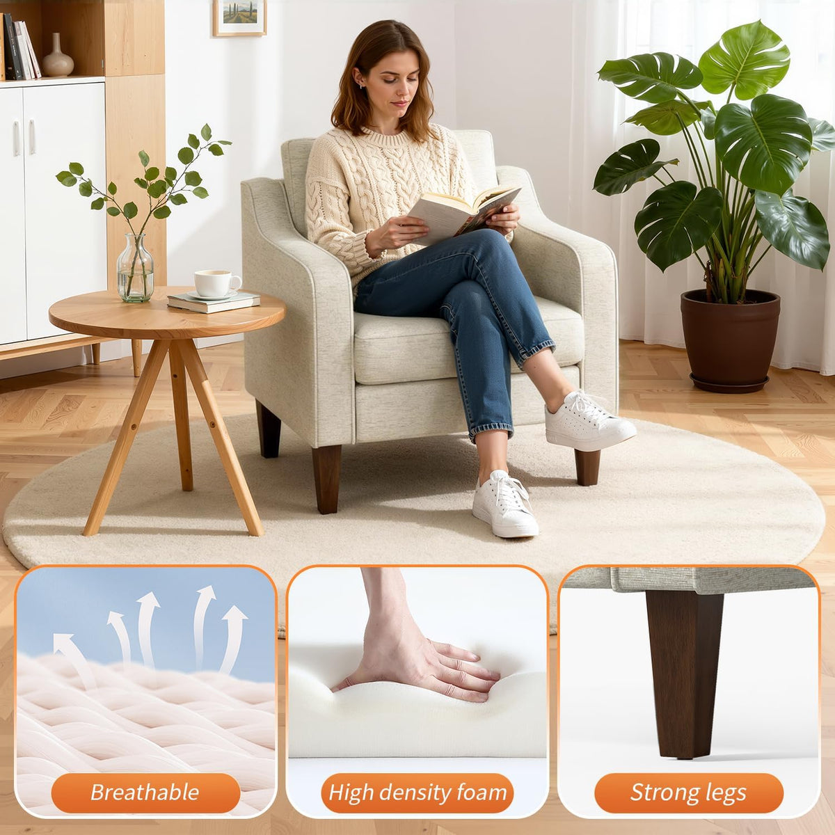 Beige Upholstered Accent Chair with Wood Legs