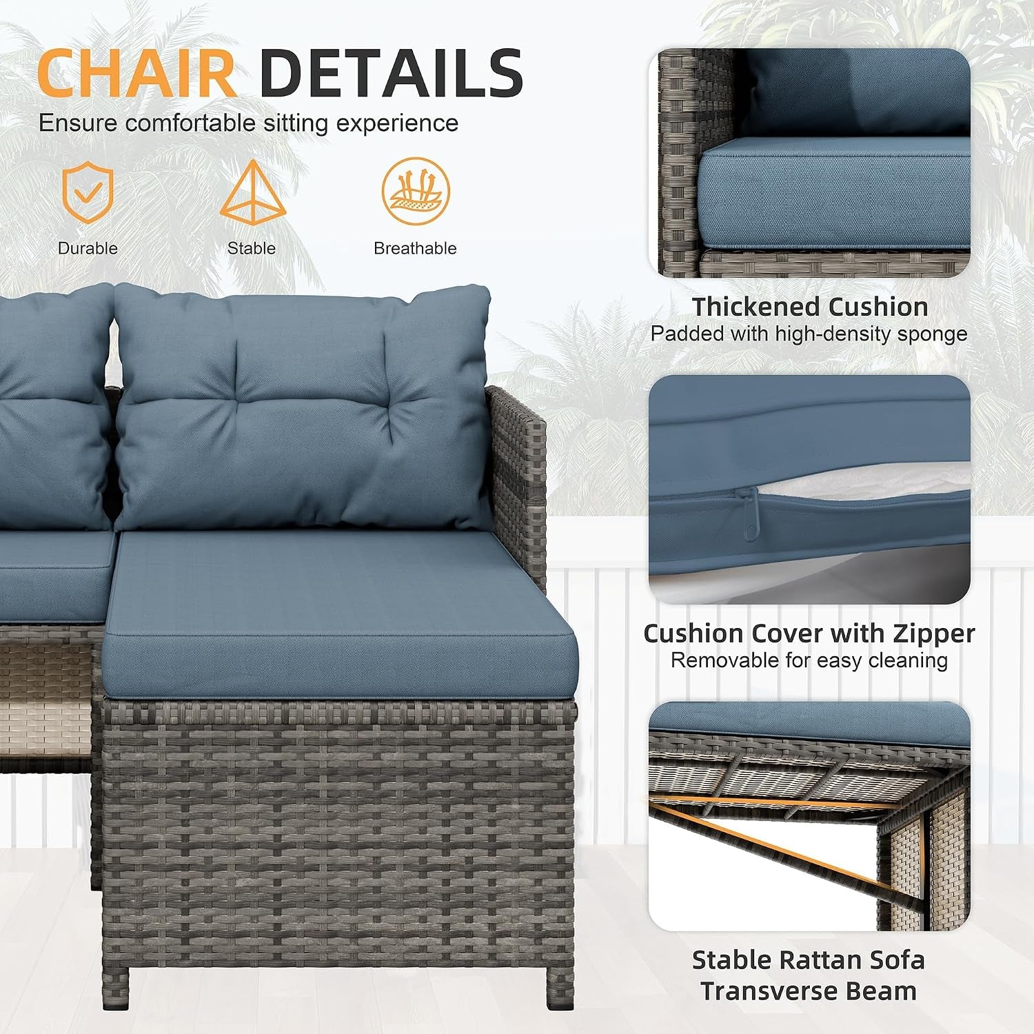 3 Pieces Outdoor Patio Furniture Sets, Wicker Patio Conversation Sets, All Weather Wicker Rattan Patio Seating Sofas with Glass Coffee Table and Cushion, Blue-Gray