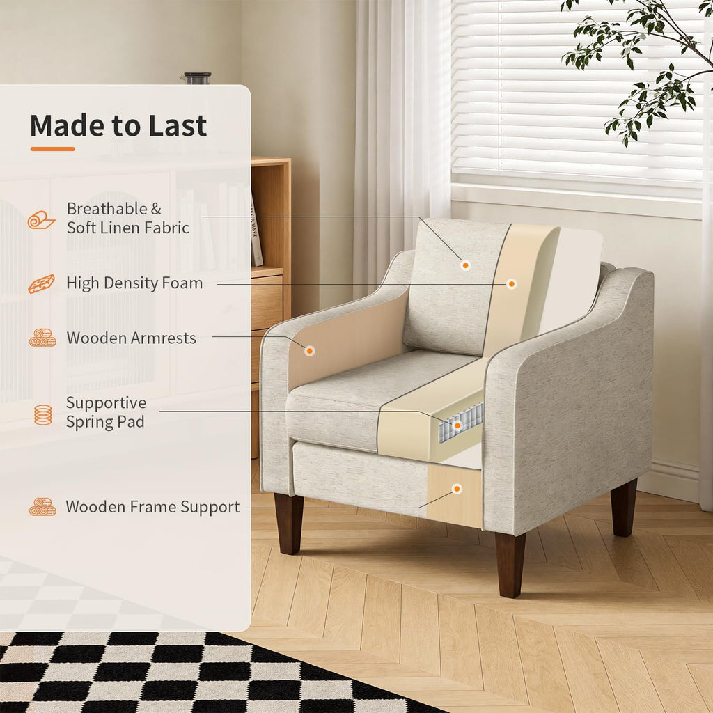 Beige Upholstered Accent Chair with Wood Legs