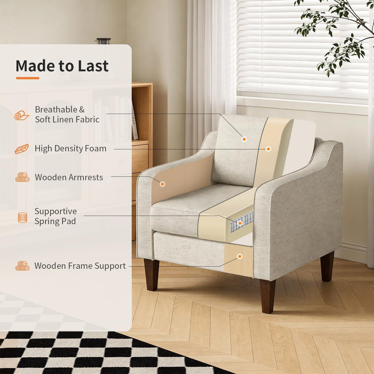 Beige Upholstered Accent Chair with Wood Legs