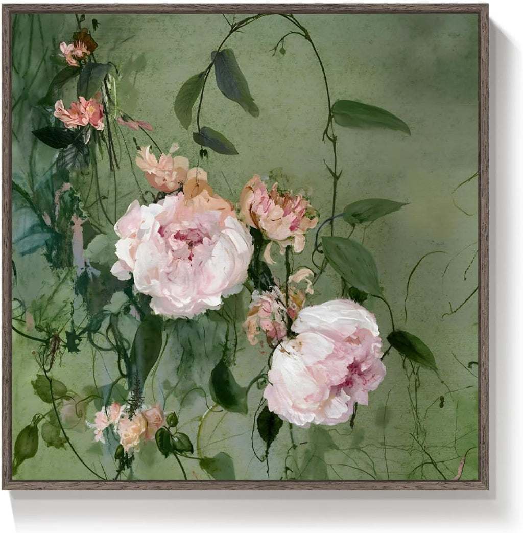 Framed Vintage Pink and Green Chinoiserie Peony Floral Wall Art, 24X24 In