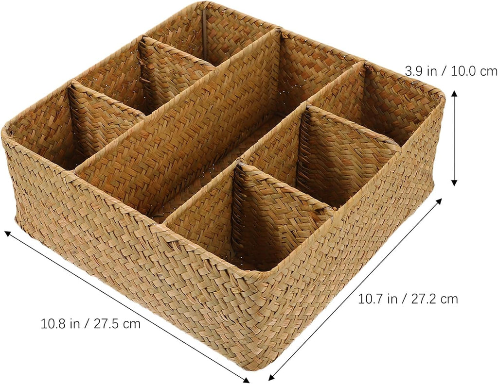 Woven Storage Box with Dividers 10.82 X 10.70 X 3.93 in Organizer Storage Box for Kitchen Utensils Desktop Sundries Home Basket for Countertop Cabinet Drawer