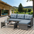 3 Pieces Outdoor Patio Furniture Sets, Wicker Patio Conversation Sets, All Weather Wicker Rattan Patio Seating Sofas with Glass Coffee Table and Cushion, Blue-Gray