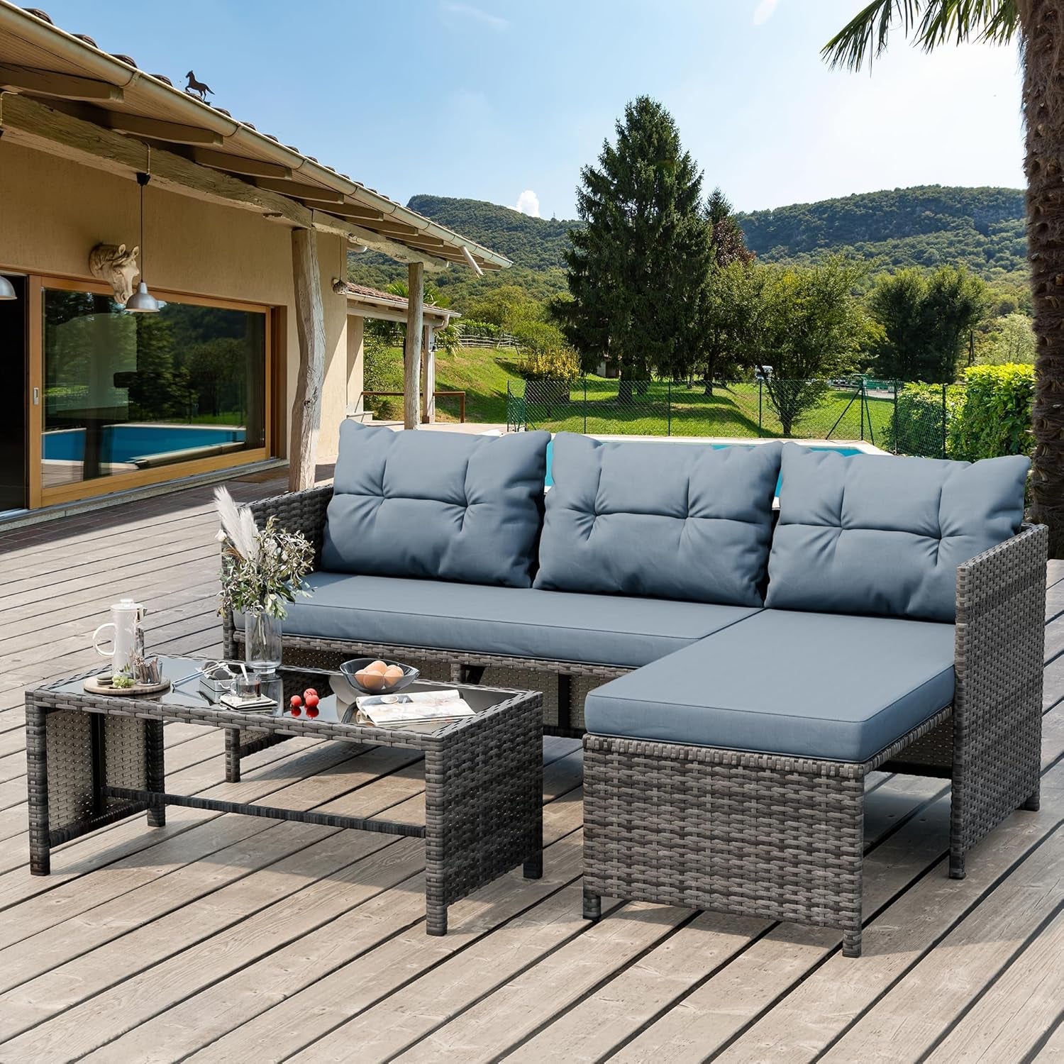 3 Pieces Outdoor Patio Furniture Sets, Wicker Patio Conversation Sets, All Weather Wicker Rattan Patio Seating Sofas with Glass Coffee Table and Cushion, Blue-Gray