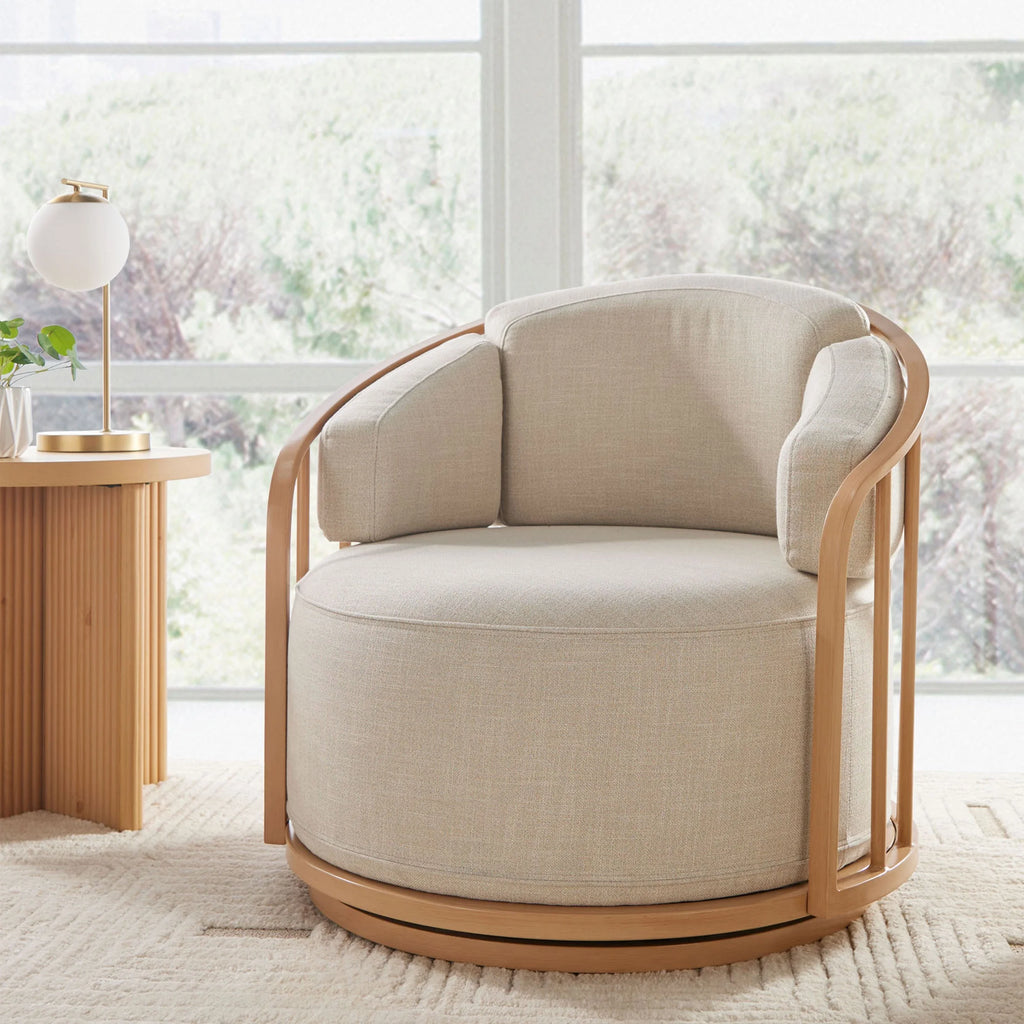 Cream Linen-Look Swivel Birdcage Accent Chair