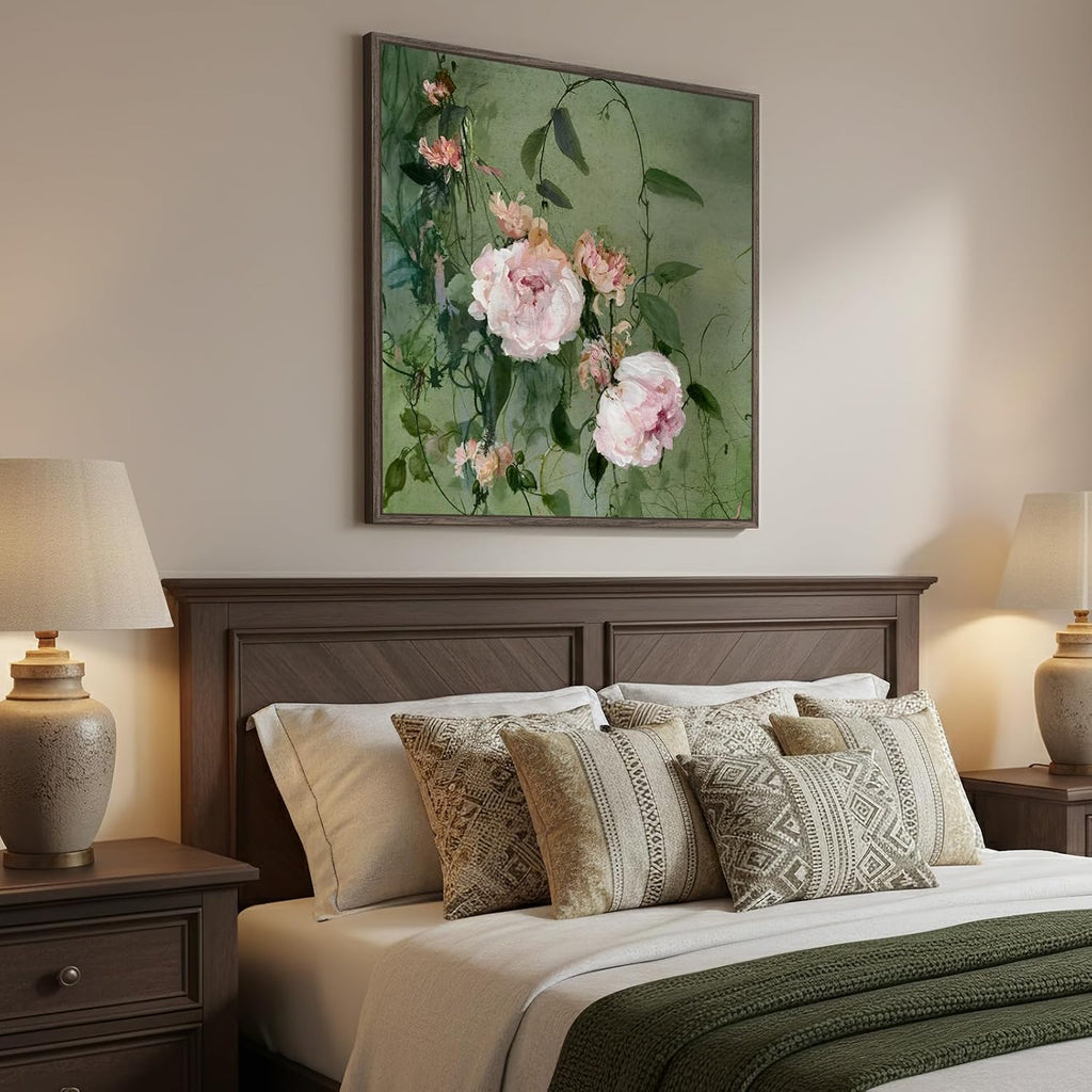 Framed Vintage Pink and Green Chinoiserie Peony Floral Wall Art, 24X24 In