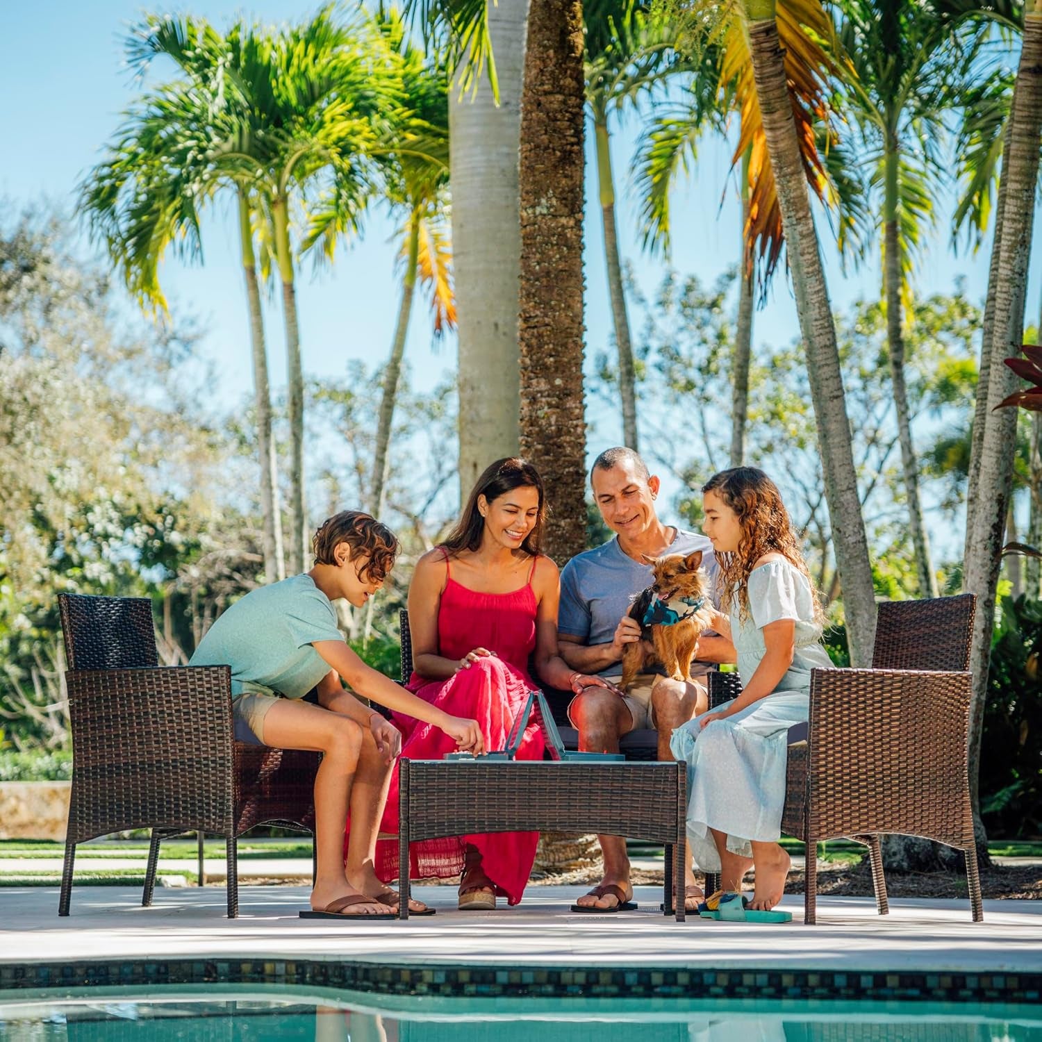 Wicker Patio Furniture - 4 Piece Set with 2 Chairs, Loveseat, Glass Top Coffee Table, Outdoor Furniture for Backyard, Pool or Porch (Brown/Navy)