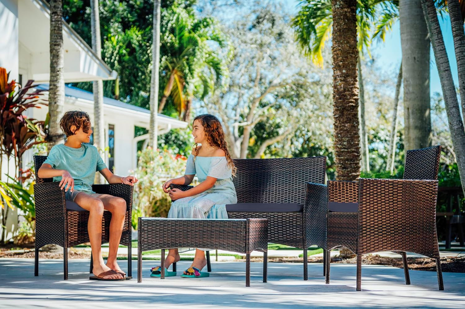 Wicker Patio Furniture - 4 Piece Set with 2 Chairs, Loveseat, Glass Top Coffee Table, Outdoor Furniture for Backyard, Pool or Porch (Brown/Navy)