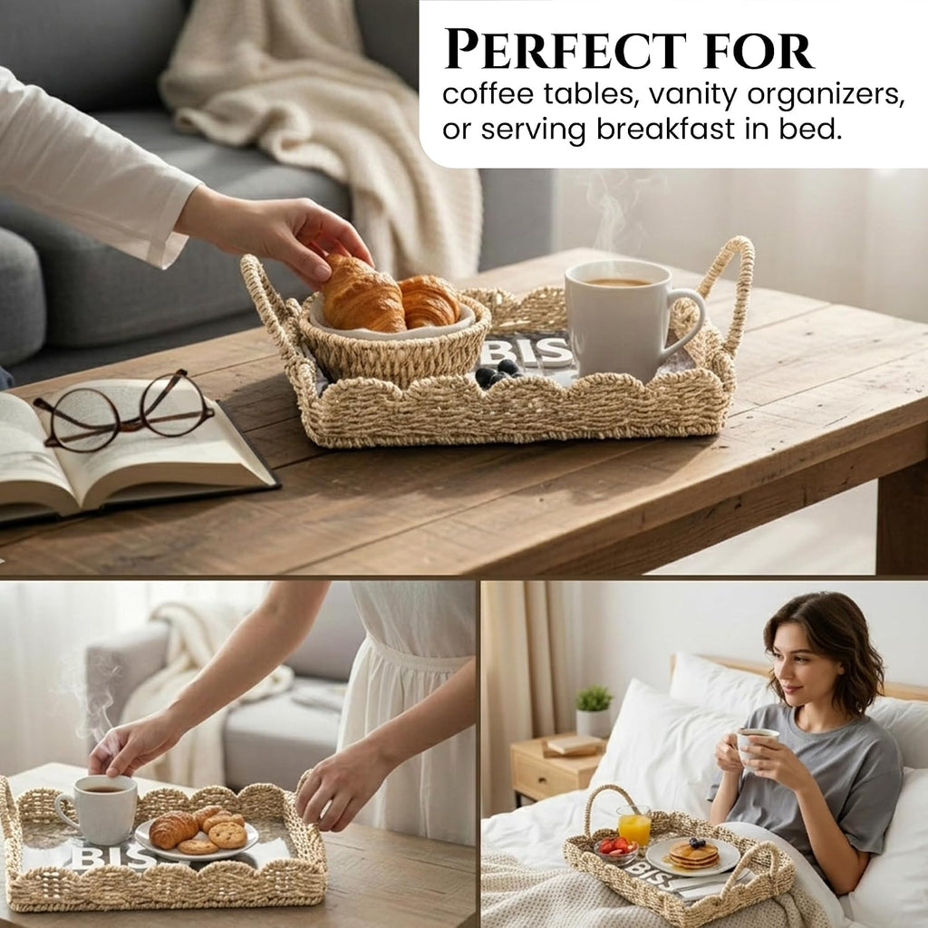Scalloped Rattan Serving Tray with Removable Floral Transparent Board – Natural Rattan Decorative Wicker Tray with Foldable Handles & Scalloped Edge – Wicker Woven Tray for Coffee Table, Dining