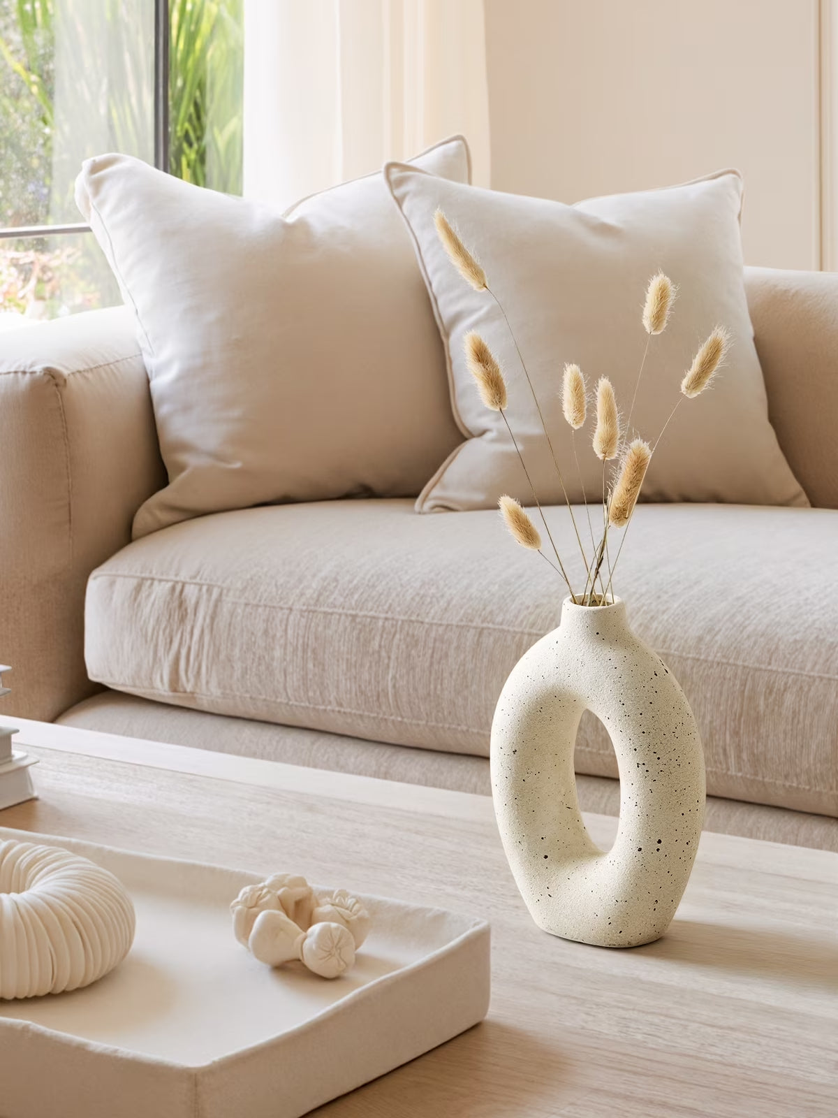 LE TAUCI 10.5" & 8.5" Ceramic Vases, Set of 2 White Ring Donut Vase, Modern Neutral Farmhouse Vase for Home Decor, Flower Vase for Table Centerpiece, Living Room, Shelf & Entryway