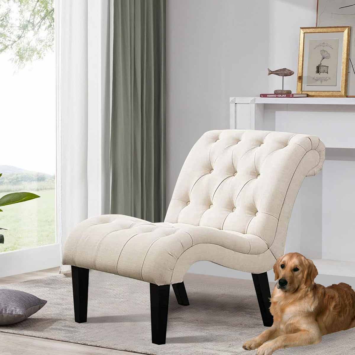 Ivory Tufted Linen Lounge Chair