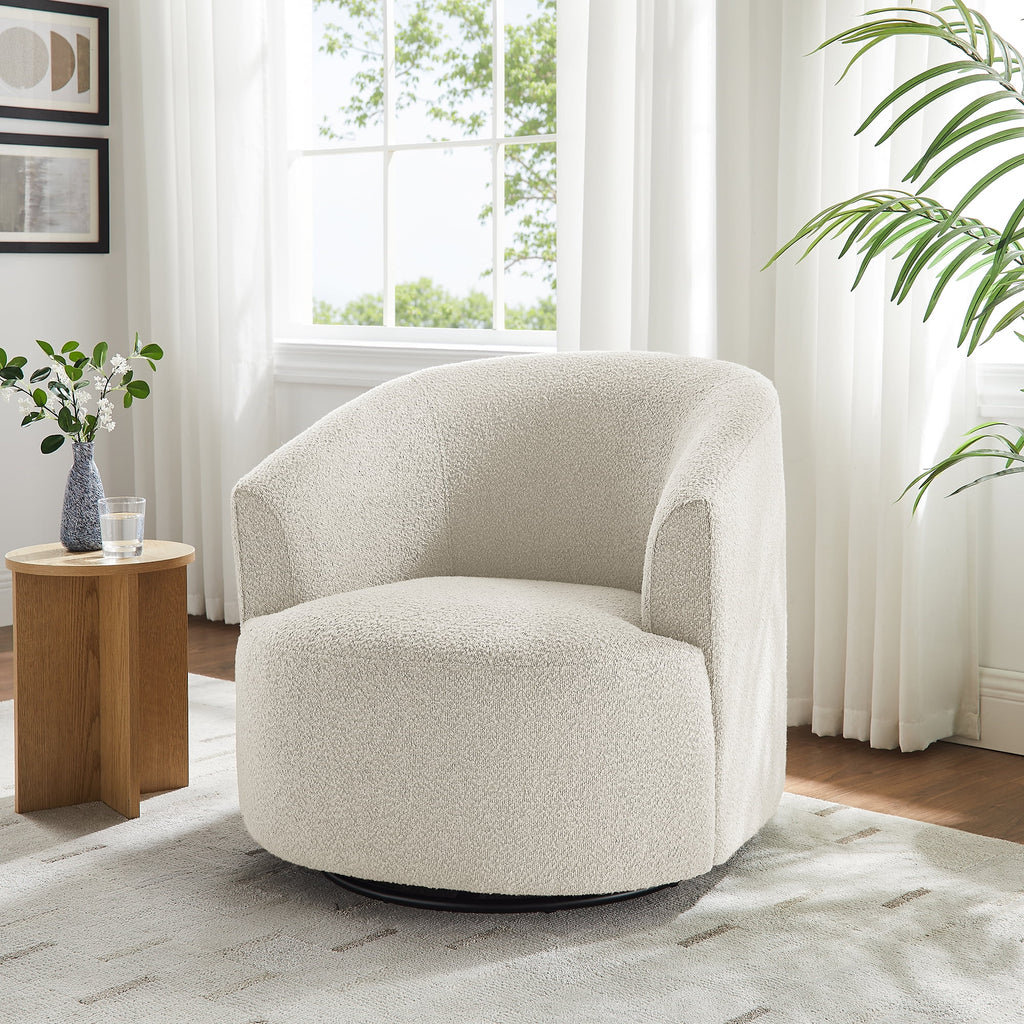 Cream Bouclé Swivel Barrel Chair
