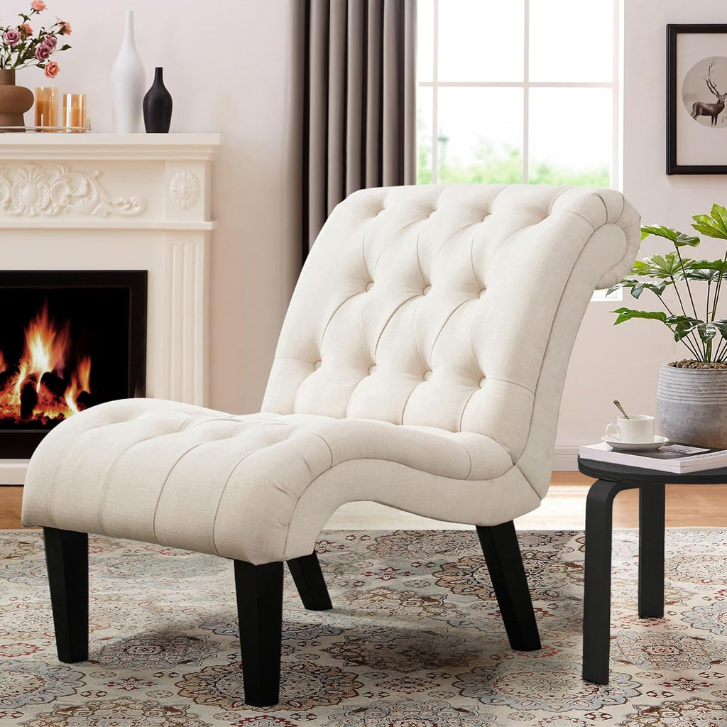 Ivory Tufted Linen Lounge Chair
