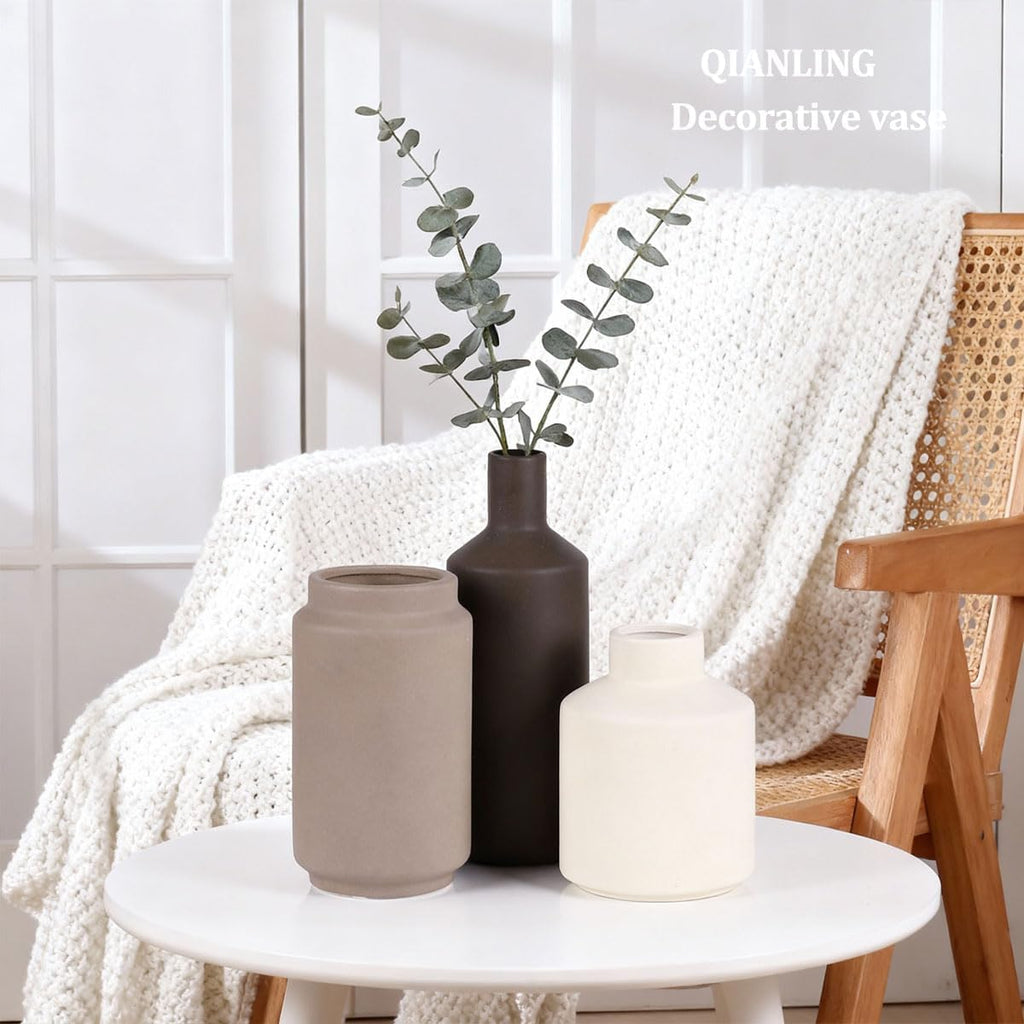 Ceramic Vase Set of 3 - Modern Neutral Vases Home Decor, Minimalism Decorative Vases, Boho Decor Small Flower Vase for Shelf, Dining Table Entryway Mantel Centerpiece Bookshelf Living Room Bathroom