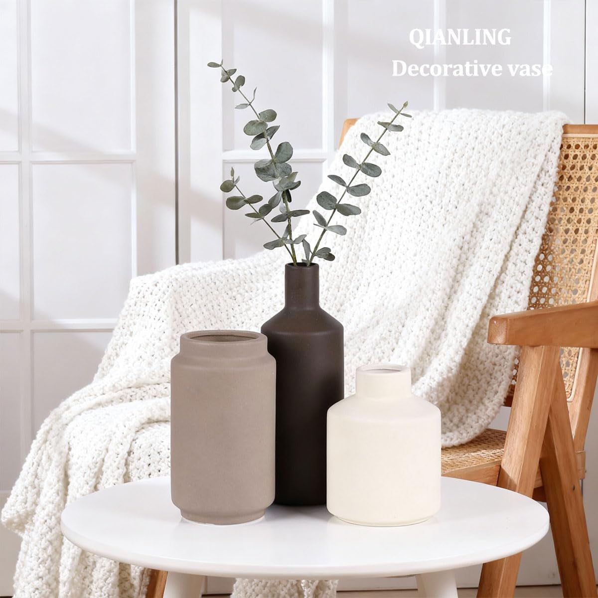 Ceramic Vase Set of 3 - Modern Neutral Vases Home Decor, Minimalism Decorative Vases, Boho Decor Small Flower Vase for Shelf, Dining Table Entryway Mantel Centerpiece Bookshelf Living Room Bathroom