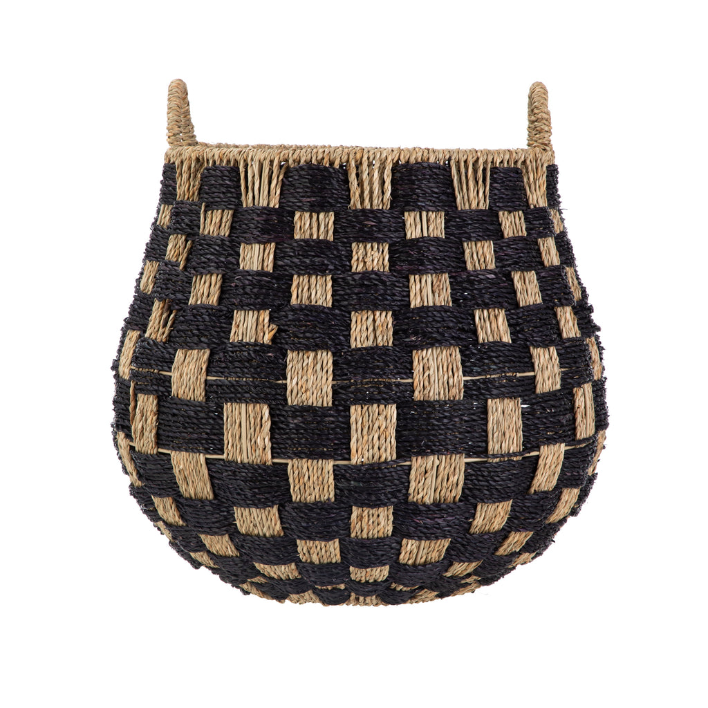 Large round Seagrass Storage Baskets with Handles, Checkered Black/Natural, 2 Pack