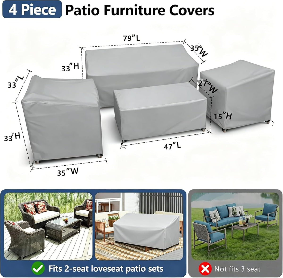 4-Piece 600D Waterproof Patio Furniture Cover Set, Gray