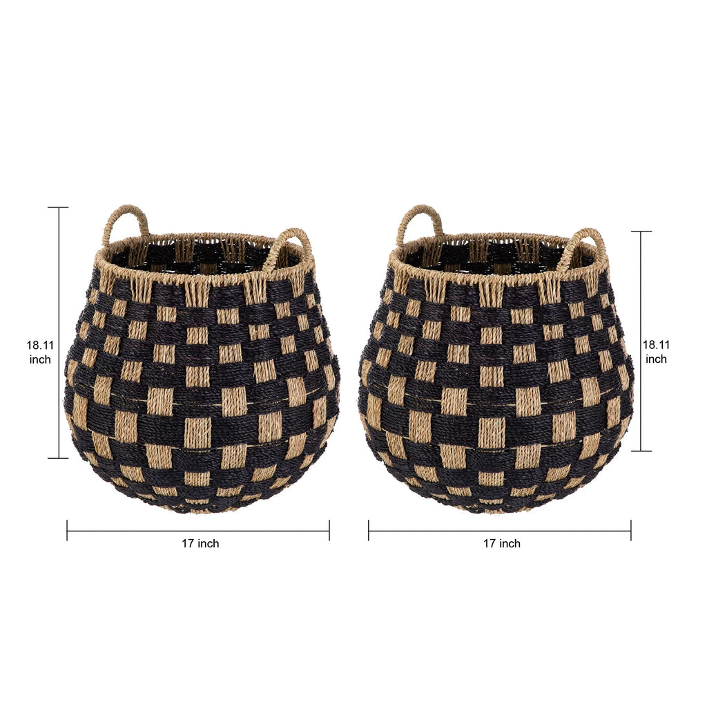 Large round Seagrass Storage Baskets with Handles, Checkered Black/Natural, 2 Pack