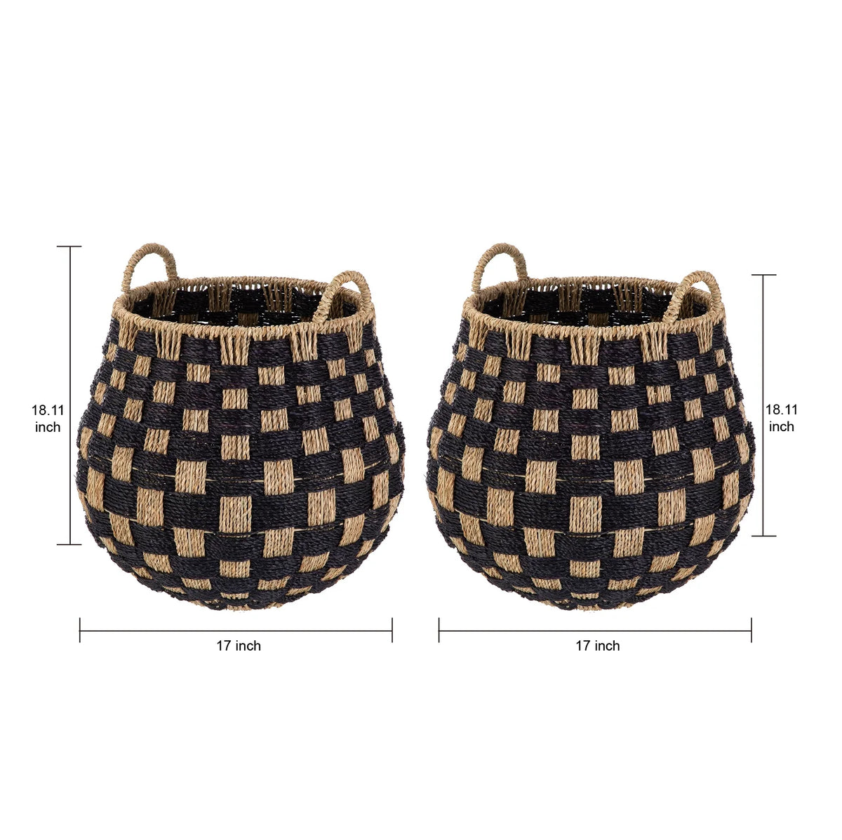 Large round Seagrass Storage Baskets with Handles, Checkered Black/Natural, 2 Pack