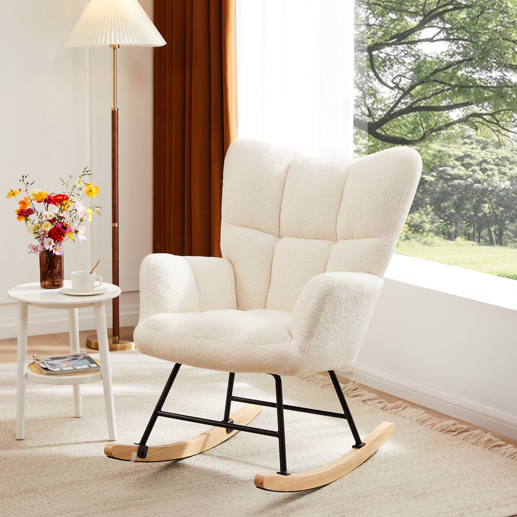 Beige Teddy Upholstered High-Back Rocking Chair