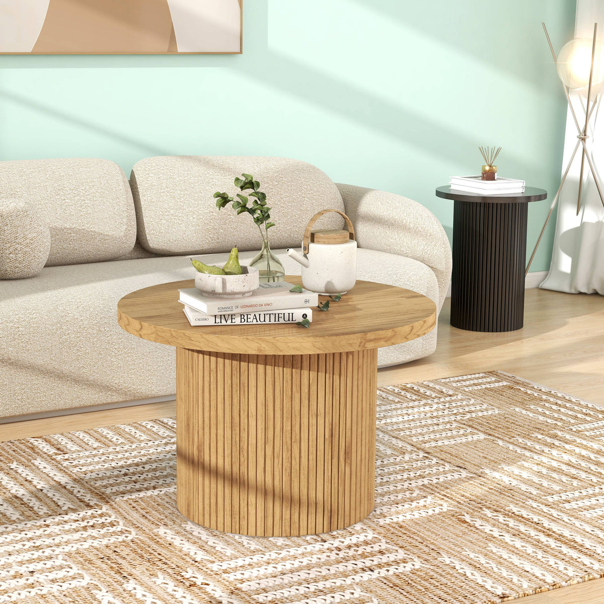 Natural Oak Fluted Pedestal Coffee Table, 23.6-Inch