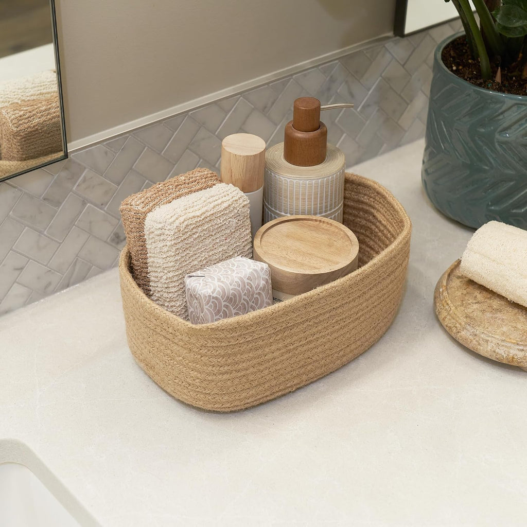 Beautiful Storage Basket Set of 3 - Sturdy Jute Rope Baskets for Shelves
