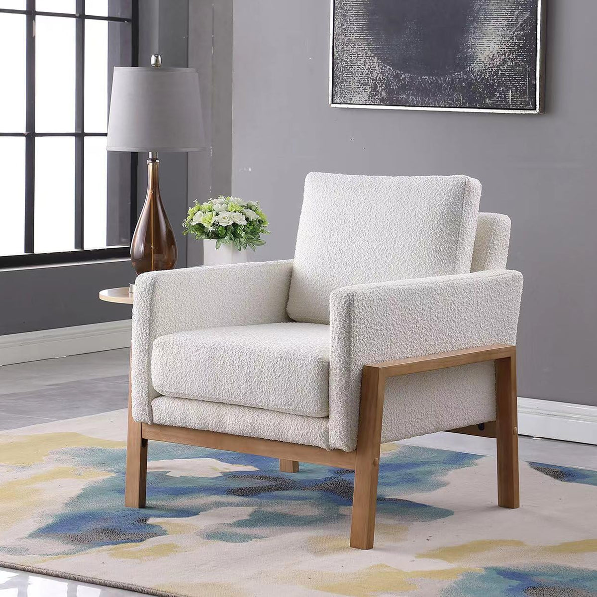 Cream Bouclé Accent Chair with Natural Wood Frame