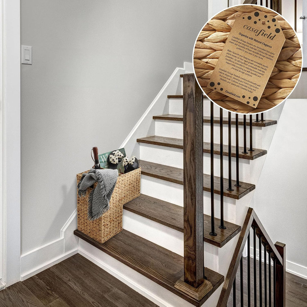 Stair Step Basket with Handles, Natural - Woven Water Hyacinth Staircase Basket Storage Bin Organizer