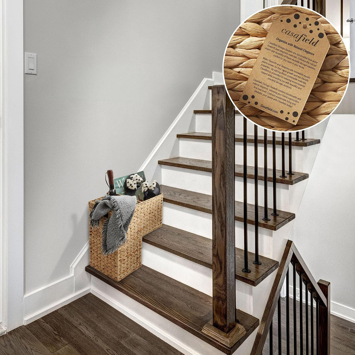 Stair Step Basket with Handles, Natural - Woven Water Hyacinth Staircase Basket Storage Bin Organizer